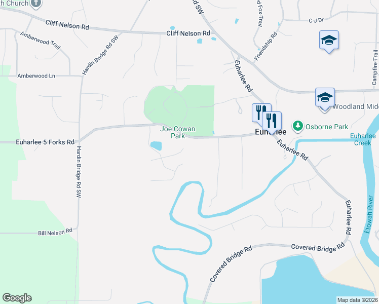 map of restaurants, bars, coffee shops, grocery stores, and more near 11 Jasmine Lane Southwest in Euharlee