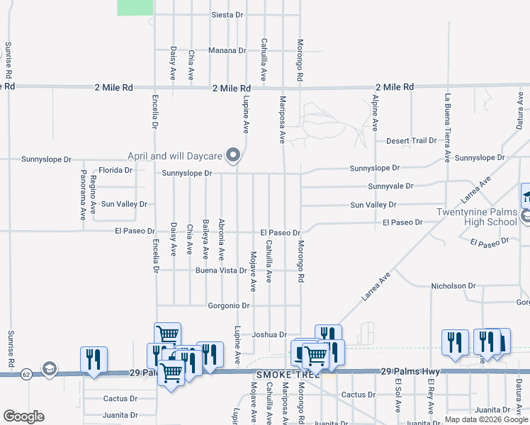 map of restaurants, bars, coffee shops, grocery stores, and more near 6042 Cahuilla Avenue in Twentynine Palms