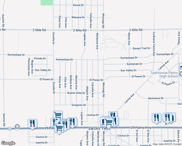 map of restaurants, bars, coffee shops, grocery stores, and more near 6042 Cahuilla Avenue in Twentynine Palms