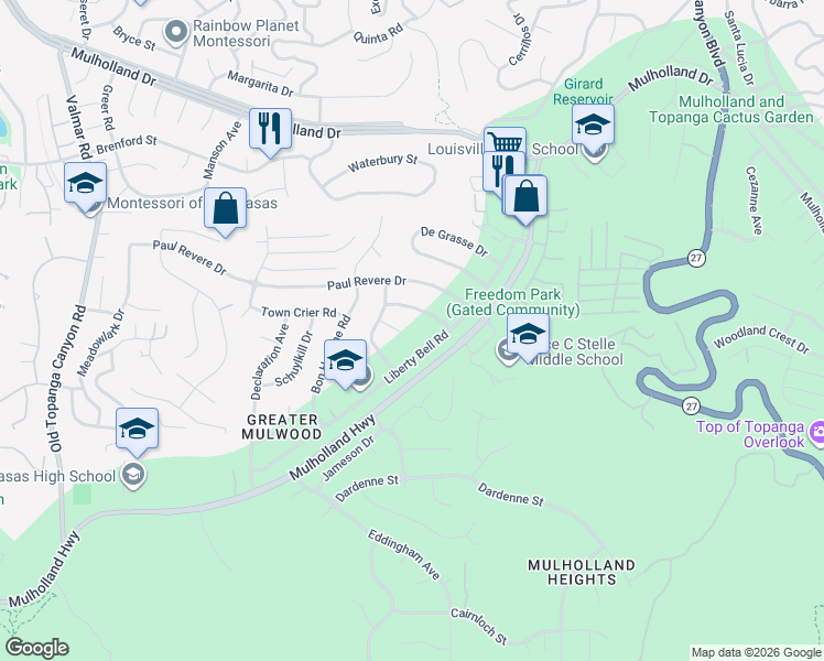 map of restaurants, bars, coffee shops, grocery stores, and more near 22477 Liberty Bell Road in Calabasas