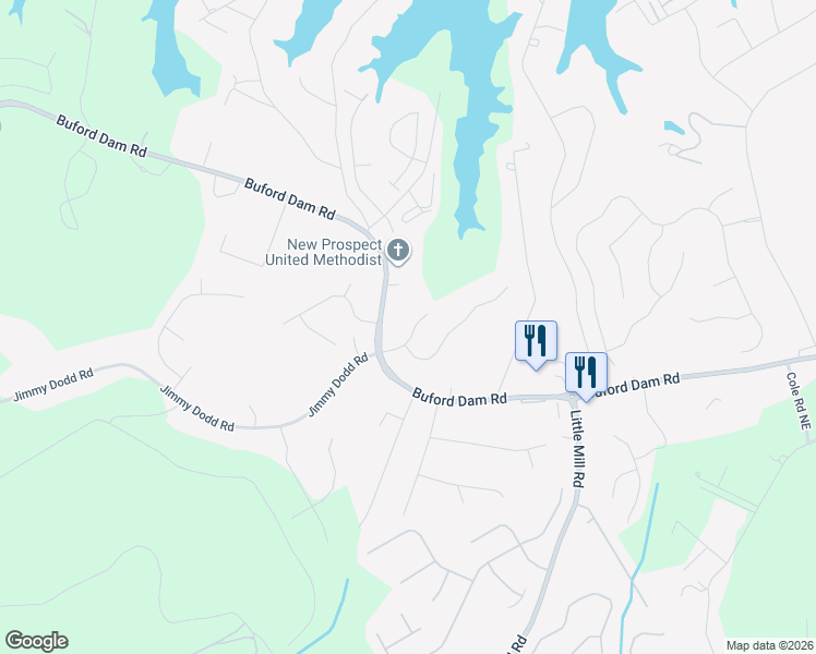 map of restaurants, bars, coffee shops, grocery stores, and more near 2010 Elm Tree Terrace Northeast in Buford