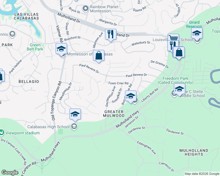 map of restaurants, bars, coffee shops, grocery stores, and more near 22715 America Way in Calabasas