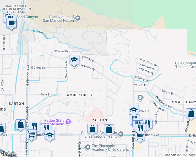 map of restaurants, bars, coffee shops, grocery stores, and more near 2801 La Verne Avenue in Highland