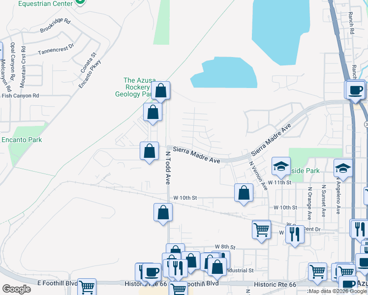 map of restaurants, bars, coffee shops, grocery stores, and more near 1145 Sierra Madre Avenue in Azusa