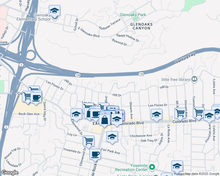 map of restaurants, bars, coffee shops, grocery stores, and more near 2155 Hill Drive in Los Angeles