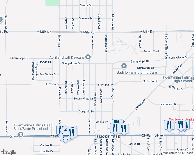 map of restaurants, bars, coffee shops, grocery stores, and more near 6045 Mojave Avenue in Twentynine Palms