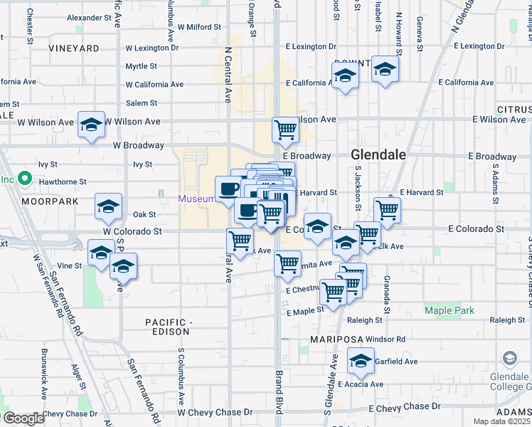 map of restaurants, bars, coffee shops, grocery stores, and more near 403 Caruso Avenue in Glendale