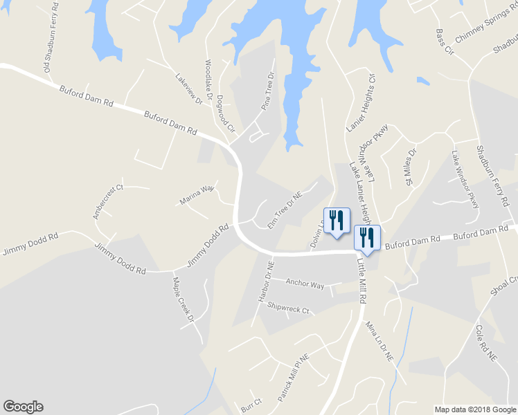 map of restaurants, bars, coffee shops, grocery stores, and more near 2021 Elm Tree Terrace Northeast in Buford