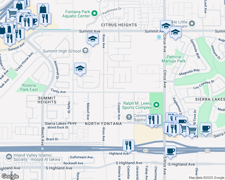 map of restaurants, bars, coffee shops, grocery stores, and more near 6110 Cooper Avenue in Fontana