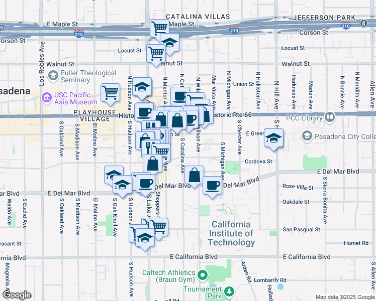 map of restaurants, bars, coffee shops, grocery stores, and more near 140 South Catalina Avenue in Pasadena