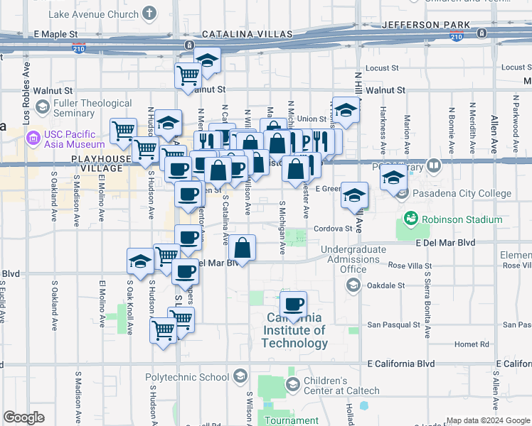 map of restaurants, bars, coffee shops, grocery stores, and more near 1115 Cordova Street in Pasadena