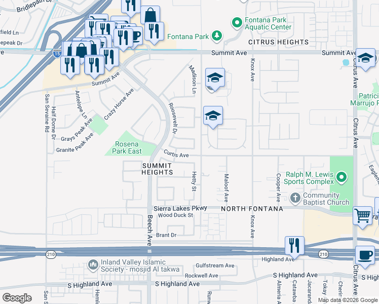 map of restaurants, bars, coffee shops, grocery stores, and more near 15455 American Way in Fontana