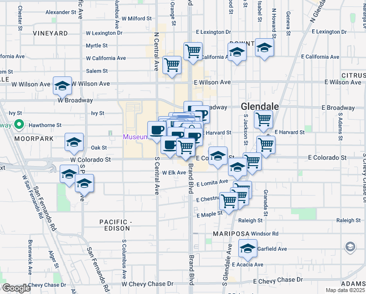 map of restaurants, bars, coffee shops, grocery stores, and more near 358 Caruso Avenue in Glendale