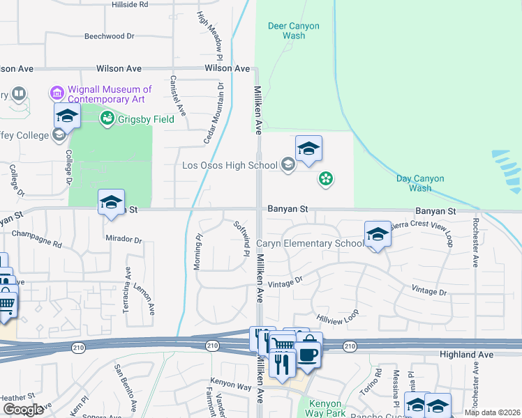 map of restaurants, bars, coffee shops, grocery stores, and more near Milliken Avenue & Banyan Street in Rancho Cucamonga