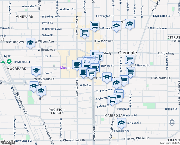 map of restaurants, bars, coffee shops, grocery stores, and more near 317 Caruso Avenue in Glendale