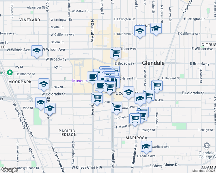 map of restaurants, bars, coffee shops, grocery stores, and more near 376 Caruso Avenue in Glendale