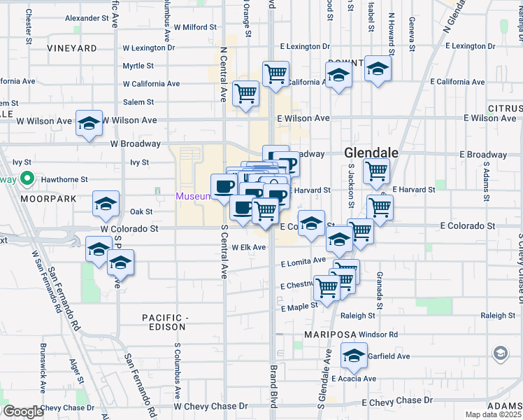 map of restaurants, bars, coffee shops, grocery stores, and more near 401 Caruso Avenue in Glendale