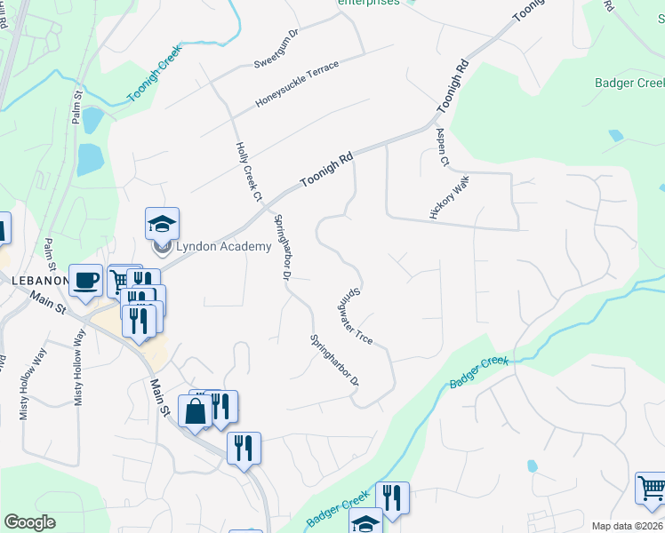 map of restaurants, bars, coffee shops, grocery stores, and more near 130 Springwater Trce in Woodstock