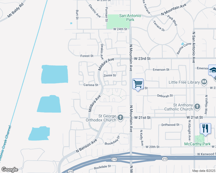map of restaurants, bars, coffee shops, grocery stores, and more near 1330 Fuchsia Avenue in Upland