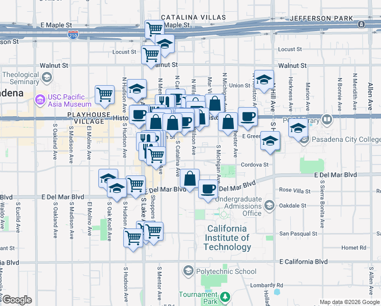 map of restaurants, bars, coffee shops, grocery stores, and more near 151 South Wilson Avenue in Pasadena