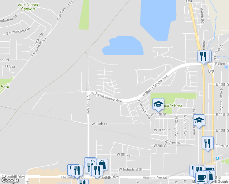 map of restaurants, bars, coffee shops, grocery stores, and more near 1098-1000 West Calle Del Sol in Azusa