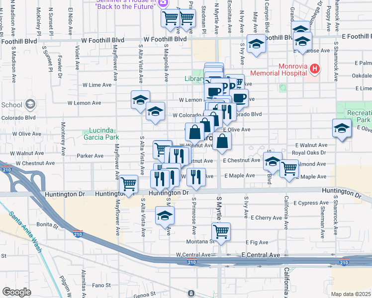 map of restaurants, bars, coffee shops, grocery stores, and more near 216 West Walnut Avenue in Monrovia