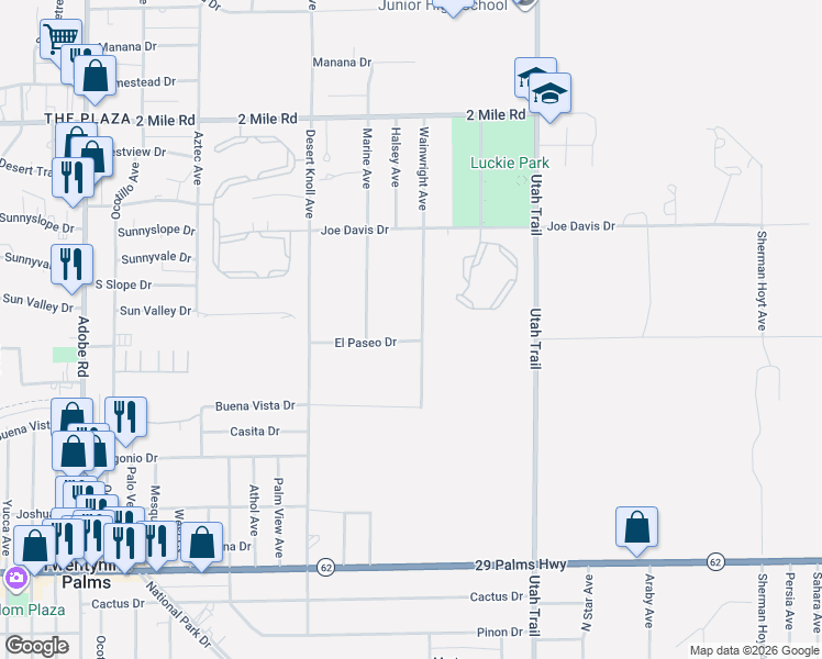map of restaurants, bars, coffee shops, grocery stores, and more near 74284 El Paseo Drive in Twentynine Palms