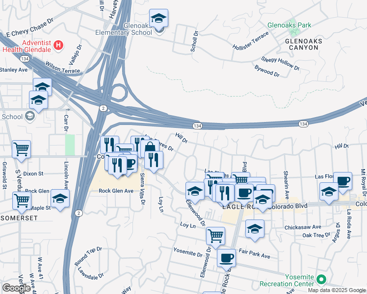 map of restaurants, bars, coffee shops, grocery stores, and more near 5272 College View Avenue in Los Angeles