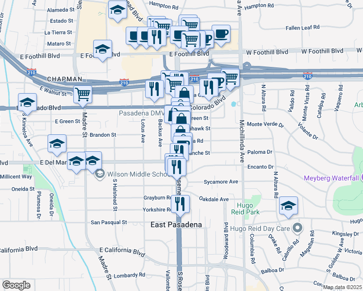 map of restaurants, bars, coffee shops, grocery stores, and more near 3727 Blanche Street in Pasadena