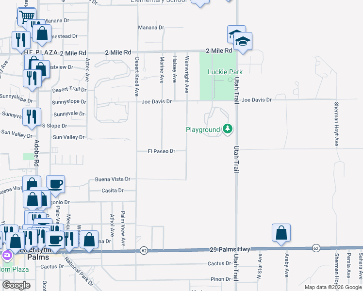 map of restaurants, bars, coffee shops, grocery stores, and more near 74284 El Paseo Drive in Twentynine Palms