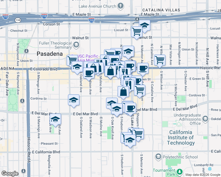 map of restaurants, bars, coffee shops, grocery stores, and more near 139 South Oak Knoll Avenue in Pasadena