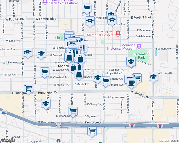 map of restaurants, bars, coffee shops, grocery stores, and more near 210 East Walnut Avenue in Monrovia