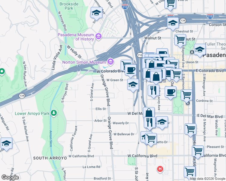 map of restaurants, bars, coffee shops, grocery stores, and more near 172 South Orange Grove Boulevard in Pasadena