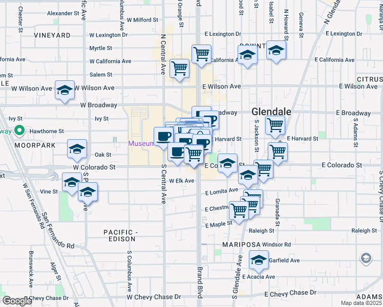 map of restaurants, bars, coffee shops, grocery stores, and more near 376 Caruso Avenue in Glendale