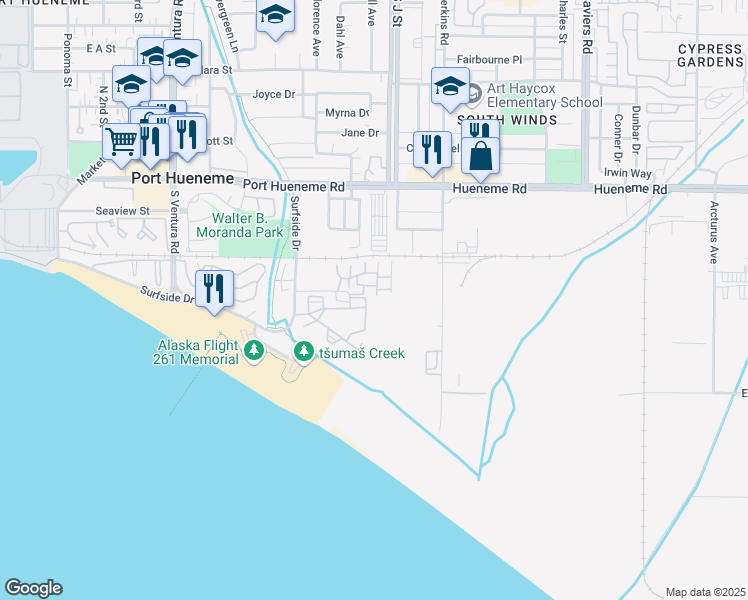 map of restaurants, bars, coffee shops, grocery stores, and more near 992 Lighthouse Way in Port Hueneme