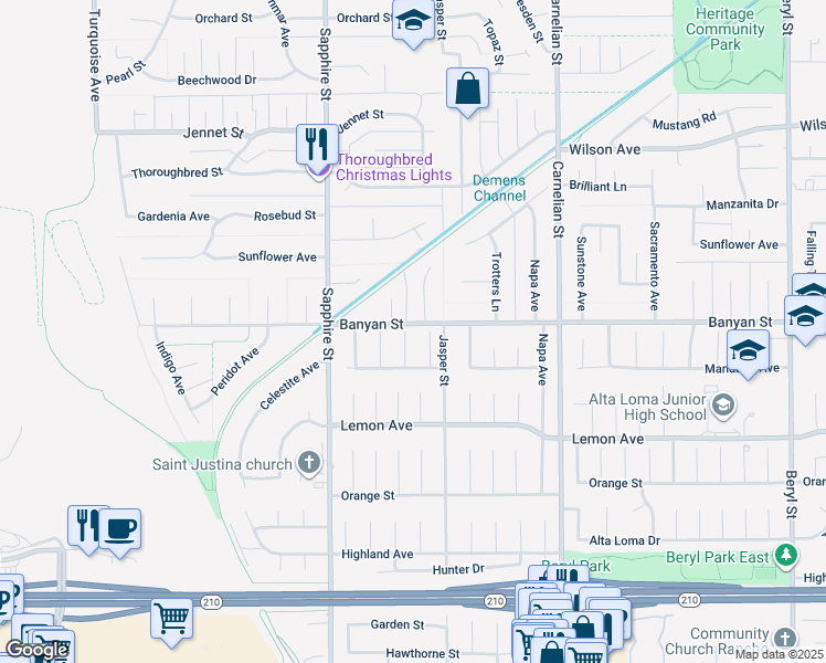 map of restaurants, bars, coffee shops, grocery stores, and more near 6113 Sard Street in Rancho Cucamonga