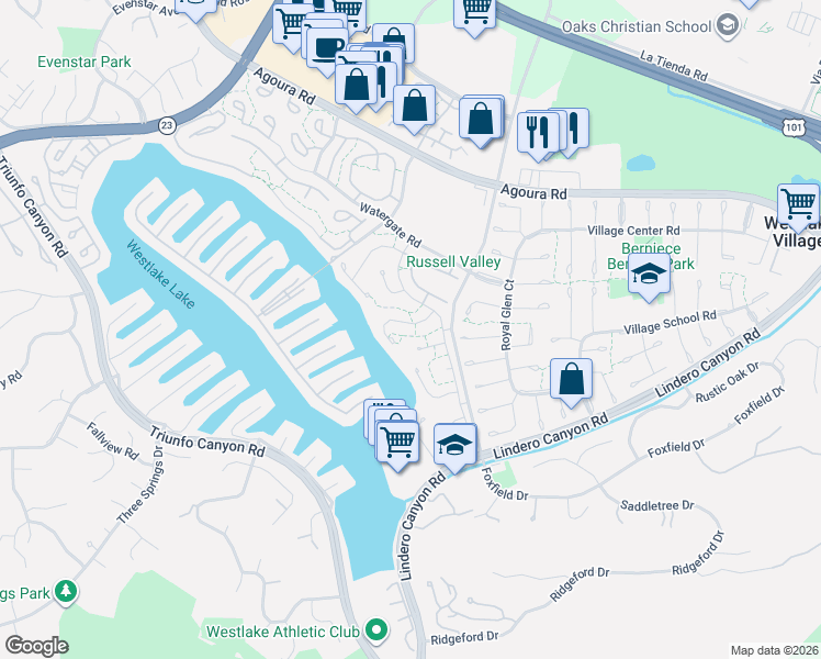 map of restaurants, bars, coffee shops, grocery stores, and more near 32132 Sailview Lane in Westlake Village