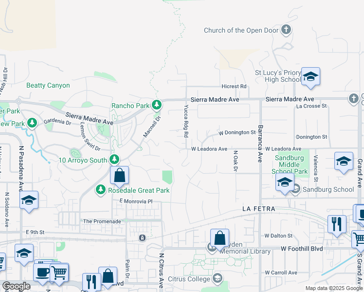 map of restaurants, bars, coffee shops, grocery stores, and more near 511 Yucca Ridge Road in Glendora