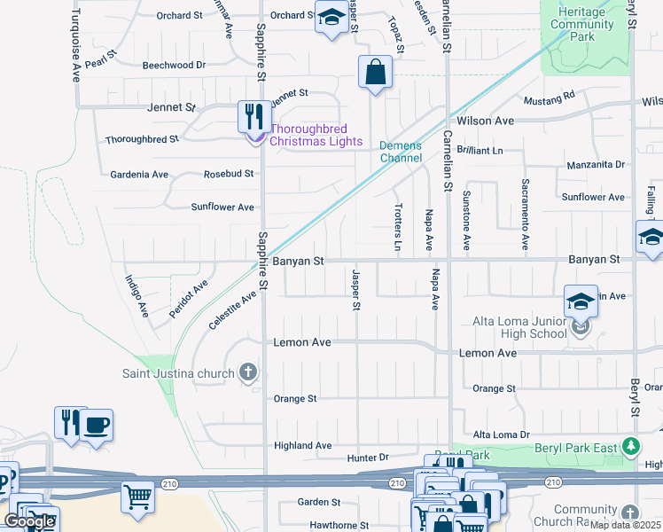 map of restaurants, bars, coffee shops, grocery stores, and more near 6113 Sard Street in Rancho Cucamonga