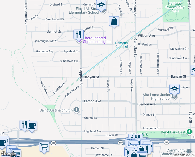 map of restaurants, bars, coffee shops, grocery stores, and more near 6114 Sard Street in Rancho Cucamonga