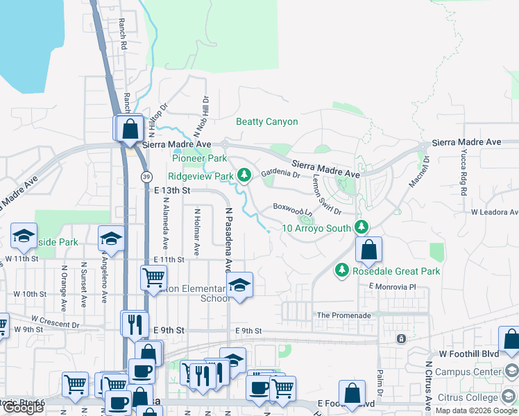 map of restaurants, bars, coffee shops, grocery stores, and more near 572 East Vosburg Drive in Azusa