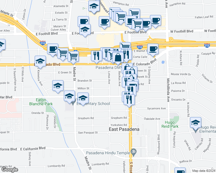 map of restaurants, bars, coffee shops, grocery stores, and more near 3599 Milton Street in Pasadena