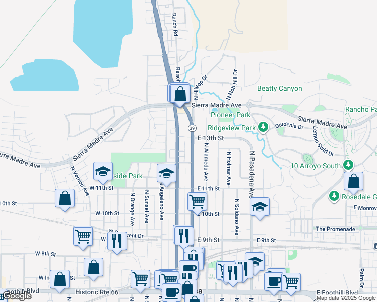 map of restaurants, bars, coffee shops, grocery stores, and more near 1221 North Azusa Avenue in Azusa