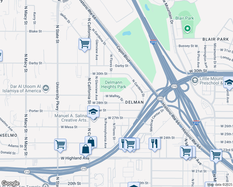map of restaurants, bars, coffee shops, grocery stores, and more near 1711 West Mallory Street in San Bernardino