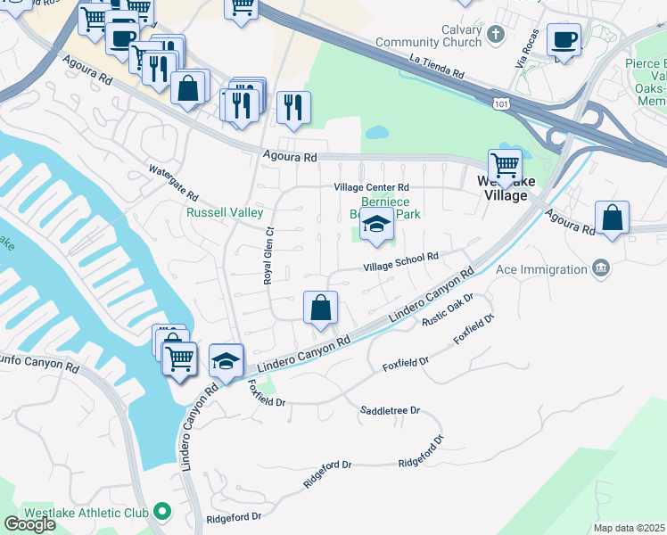 map of restaurants, bars, coffee shops, grocery stores, and more near 4201 Crownfield Court in Westlake Village
