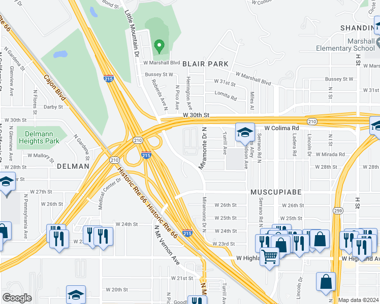 map of restaurants, bars, coffee shops, grocery stores, and more near 1319 Oakwood Drive West in San Bernardino