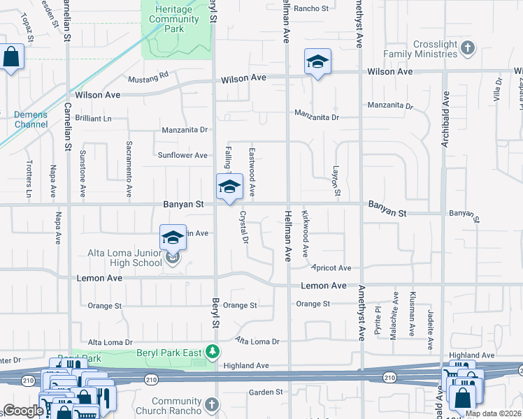 map of restaurants, bars, coffee shops, grocery stores, and more near 9220 Regency Way in Rancho Cucamonga