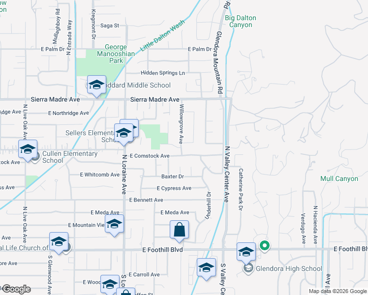 map of restaurants, bars, coffee shops, grocery stores, and more near 441 Willowgrove Avenue in Glendora