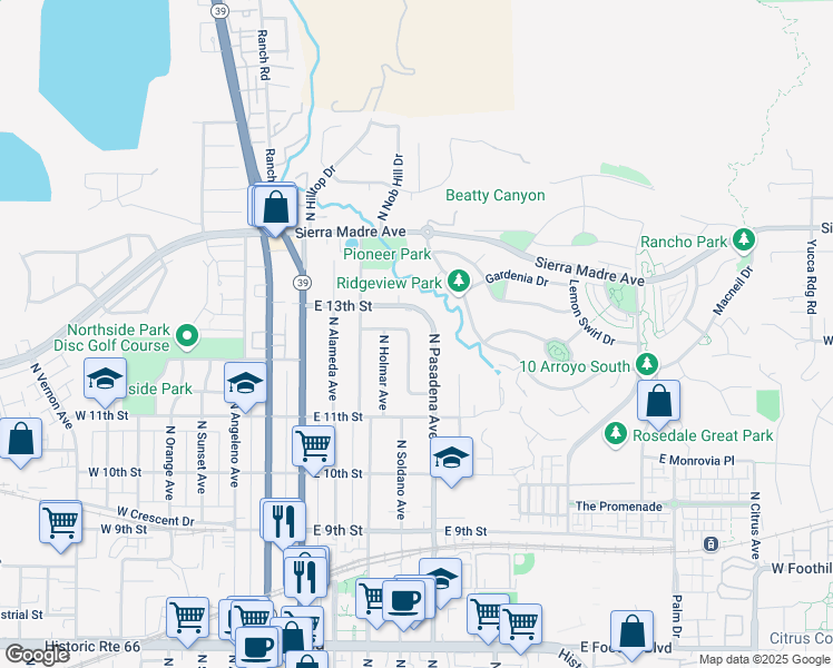map of restaurants, bars, coffee shops, grocery stores, and more near 1202 North Soldano Drive in Azusa