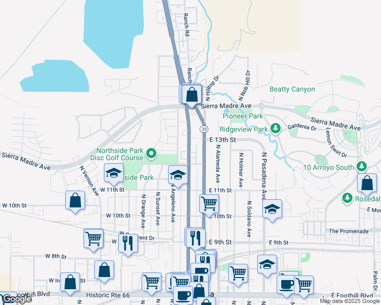 map of restaurants, bars, coffee shops, grocery stores, and more near 103 North San Gabriel Avenue in Azusa